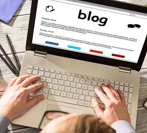 Editorial desk with content writing, brand voice and copy notes in progress