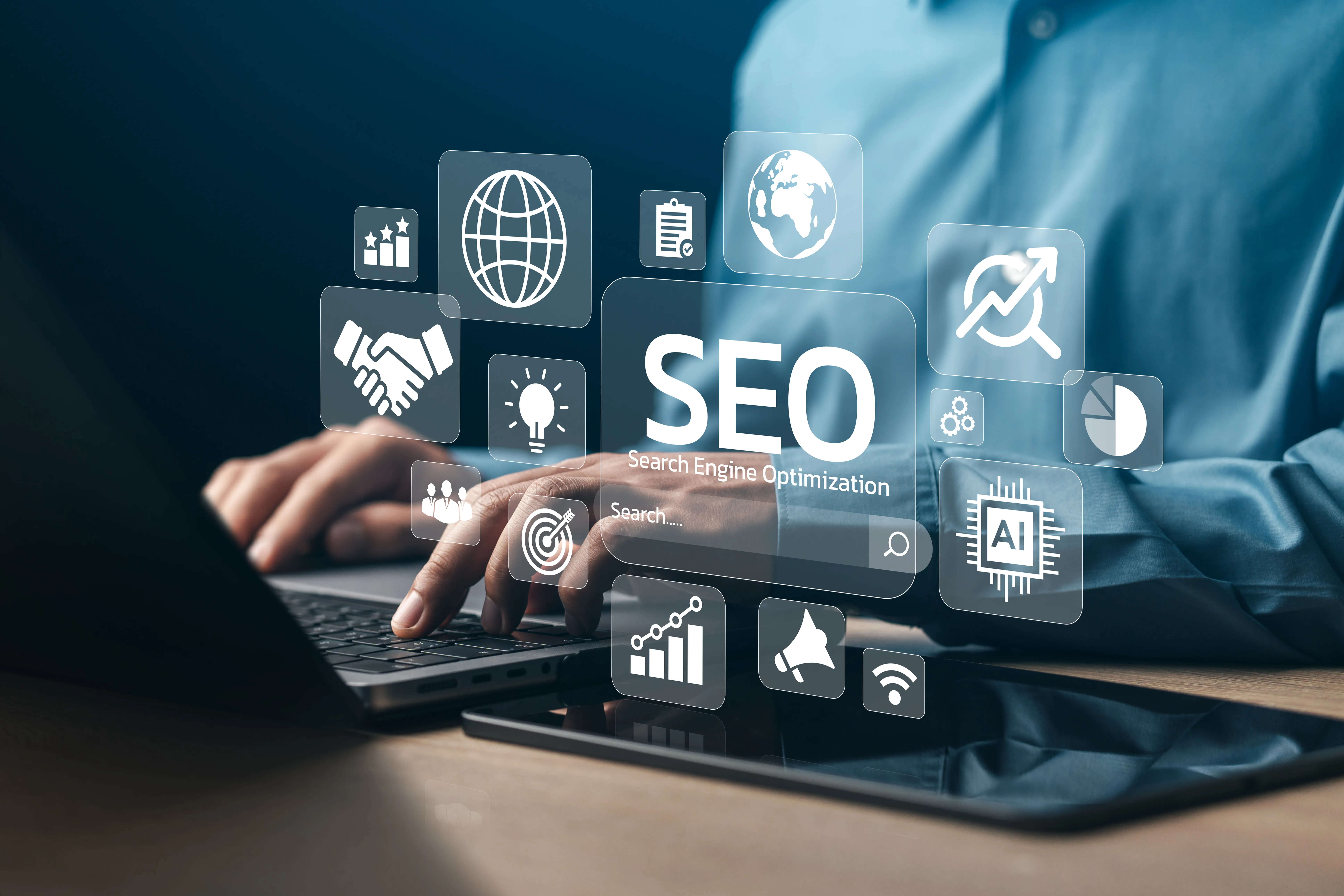 SEO strategy dashboard showing keyword rankings and organic traffic growth